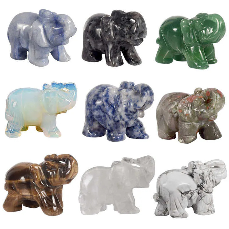 Figurki Koleńskie 2 cal Jade Crystal Elephant Figurki Craft Ręcznie Rzeźbione 100% Kamień Naturalny Mini Zwierząt Statua Decor Chakra Healing