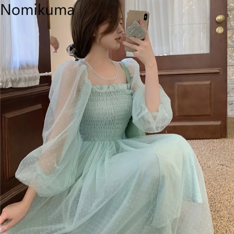 Nomikuma Elegancka Sukienka Dress Kobiety Kwadratowy Kołnierz Z Długim Rękawem Slim Talia Linia Sukienki Koreański Styl Vintage Moda Robe Femme 210514