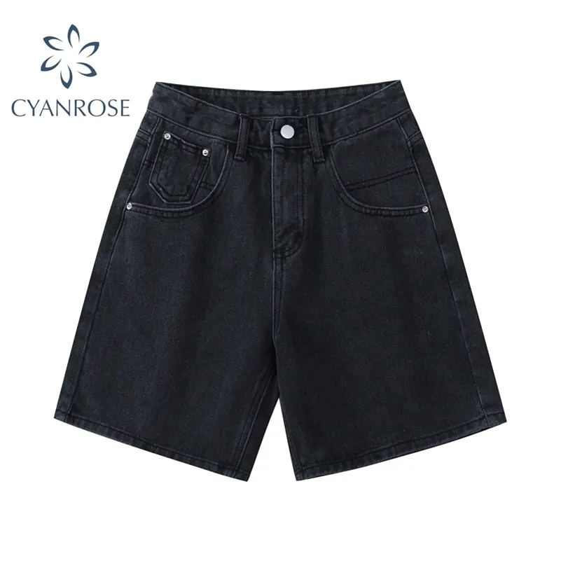 Verão Alto Cintura Denim Shorts Mulheres Casuais Soltos Senhoras Moda Plus Size Botão de Moda Largo Perna Calça Calça Central Feminino 210715