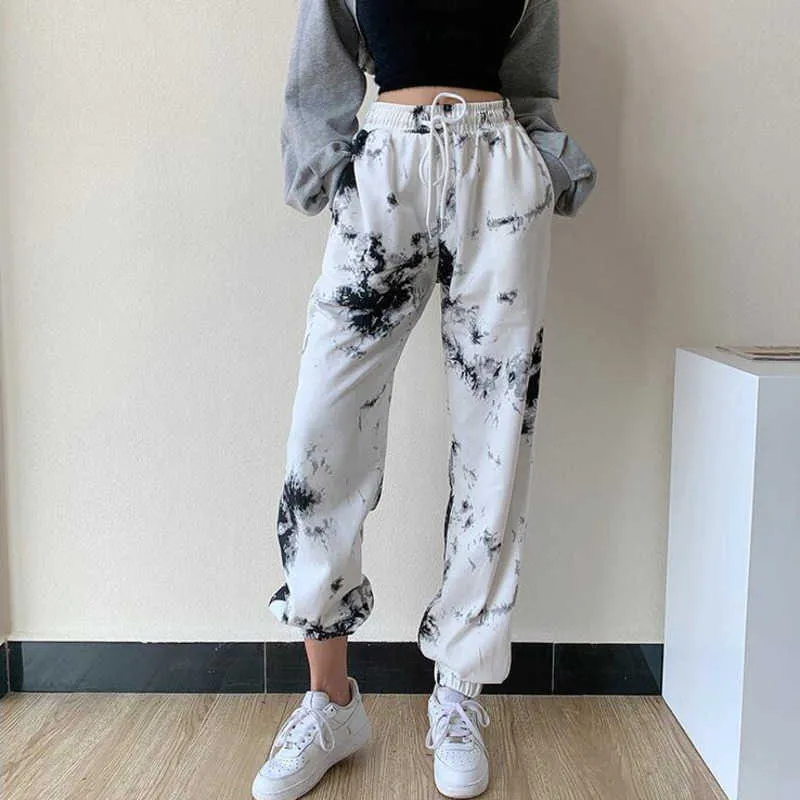 WOMENGAGA American Street Tie Dye Sports Pant's Drawstring Elastic High Waist Straight Casual Trousers SIKG 210603