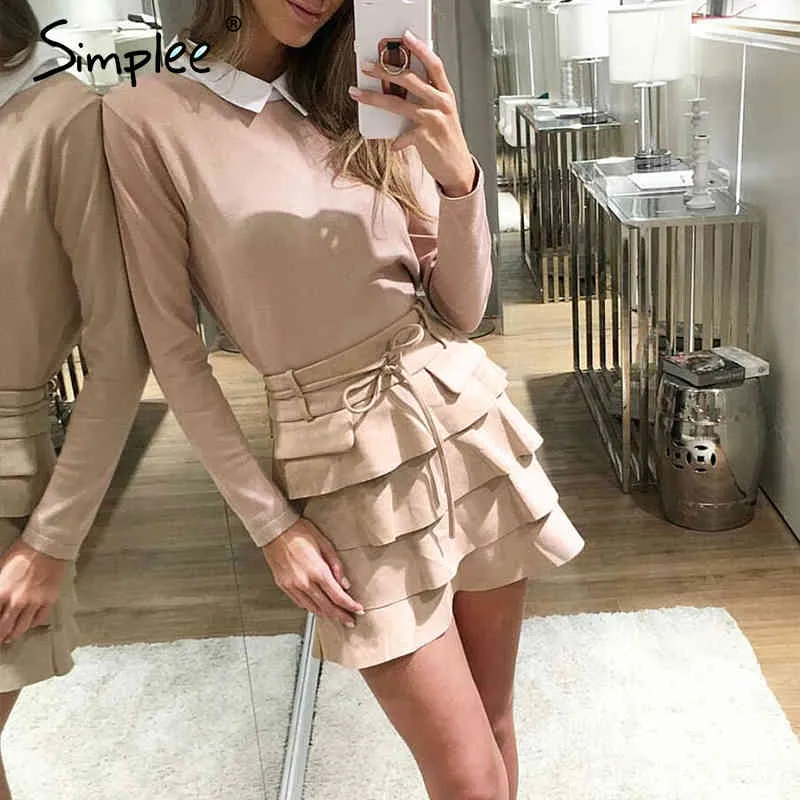 Ruffles A-Line Mini Sexy Bow High Waist Short Spódnica Kobiety Sash Jesień Zima Spódnice Kobiet Casual Streetwear 210414