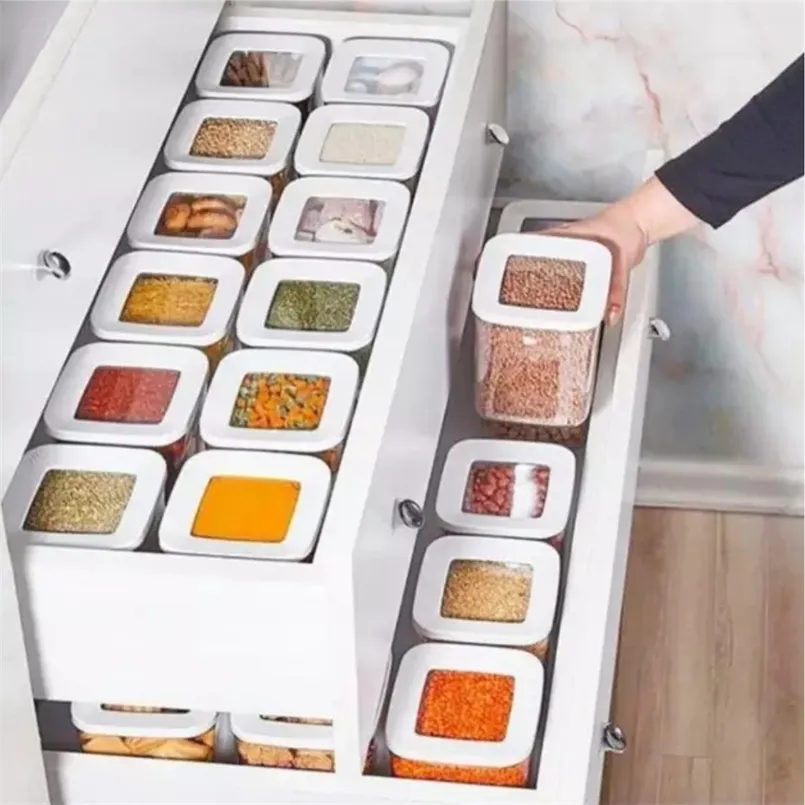 Storage Box Kitchen Organizer Containers Food High Quality Pantry Spices Legumes Refrigerator Transparent Vacuum Europe Modern 211110