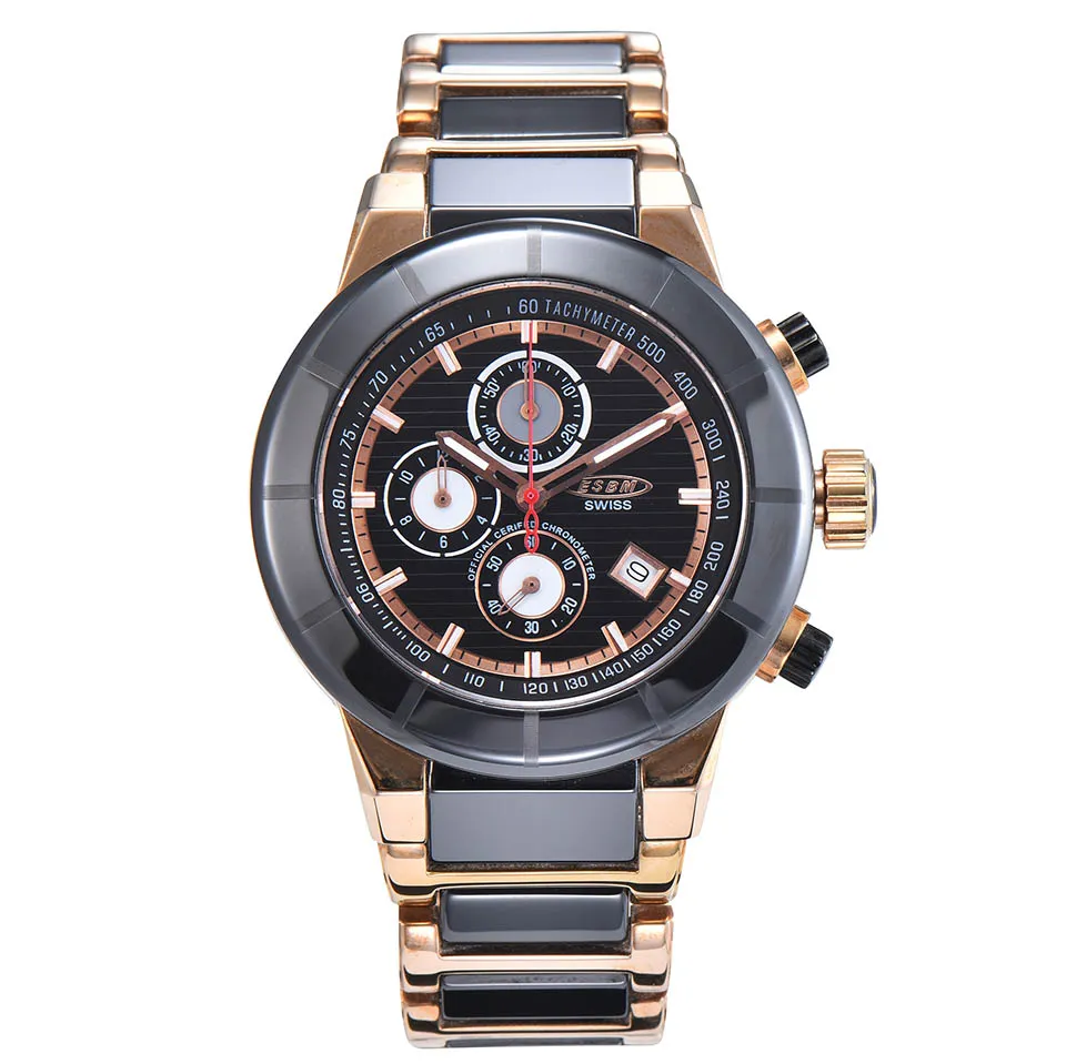 Montre à Quartz japonaise pour hommes, en céramique noire, bicolore, or Rose, cadran arrière en acier inoxydable, chronographe multifonction de sport, nouvelle collection