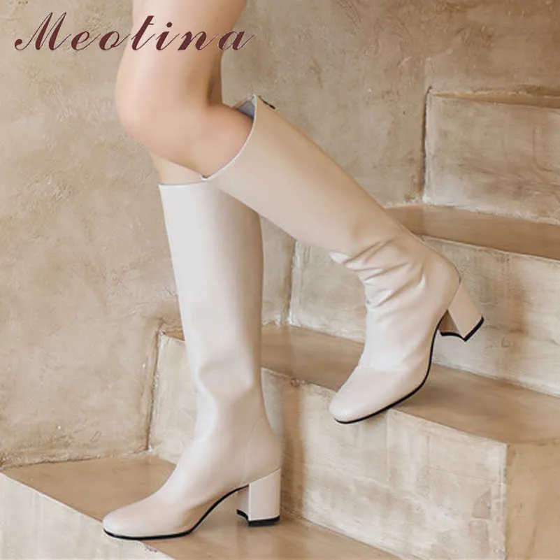 Meotina Real Leather High Heel Knä High Boots Kvinnor Lång Stövlar Skor Chunky Heels Zipper Mode Lady Stövlar Höst Vinter Svart 210608