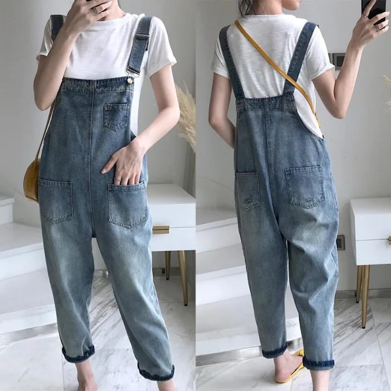 Mode casual kvinnor fickor lös suspender denim övergripande dungarees nionde byxor överaller axelrem jumpsuit kvinnors jeans