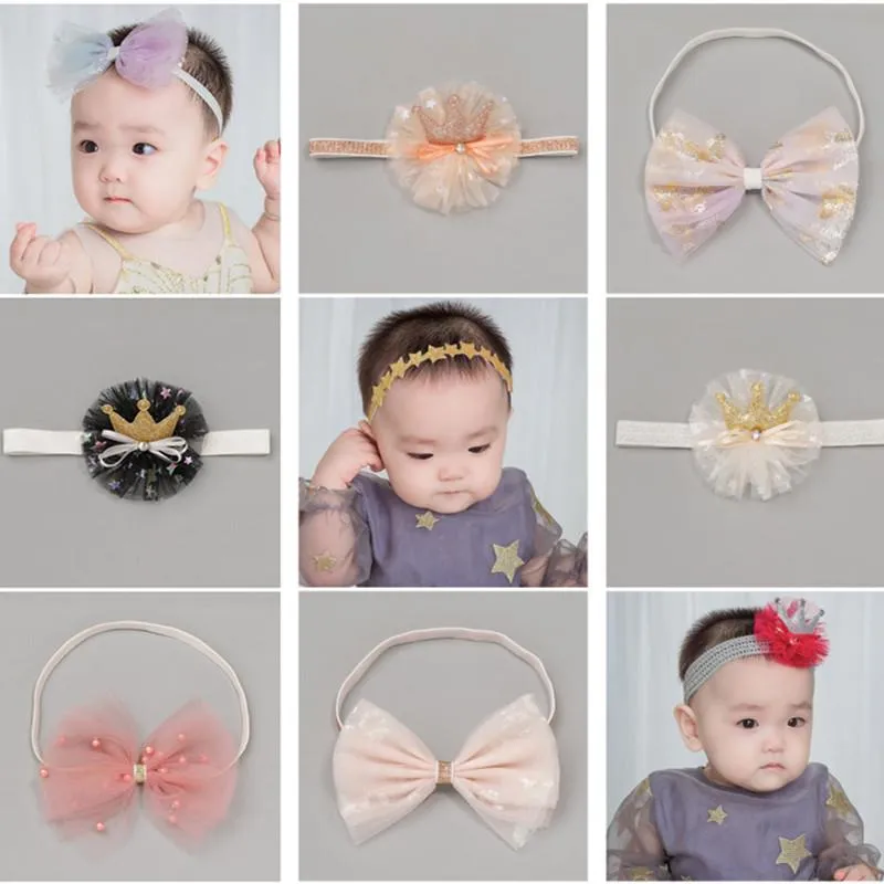Hair Accessories 10pcs/lot Glitter Crown Headband Imitation Pearls Ribbon Bows Born Girls Bands Kid Headwrap