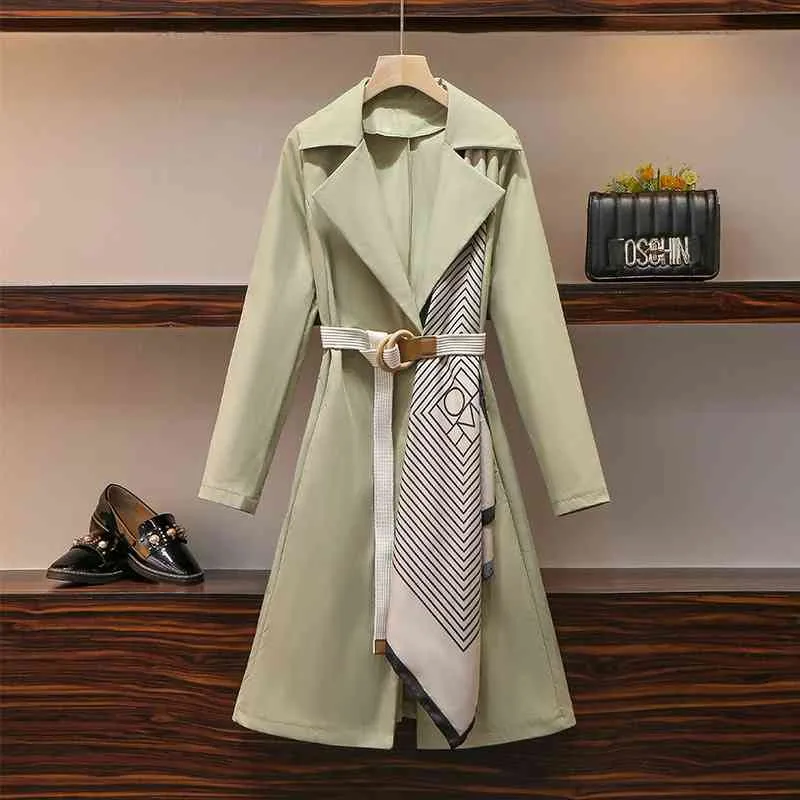 Thin 4XL Long Sleeve Patchwork Ladies Windbreaker Chic Green Trench Coat Outwear Khaki Overcoats Lace-up Mid-length 210510