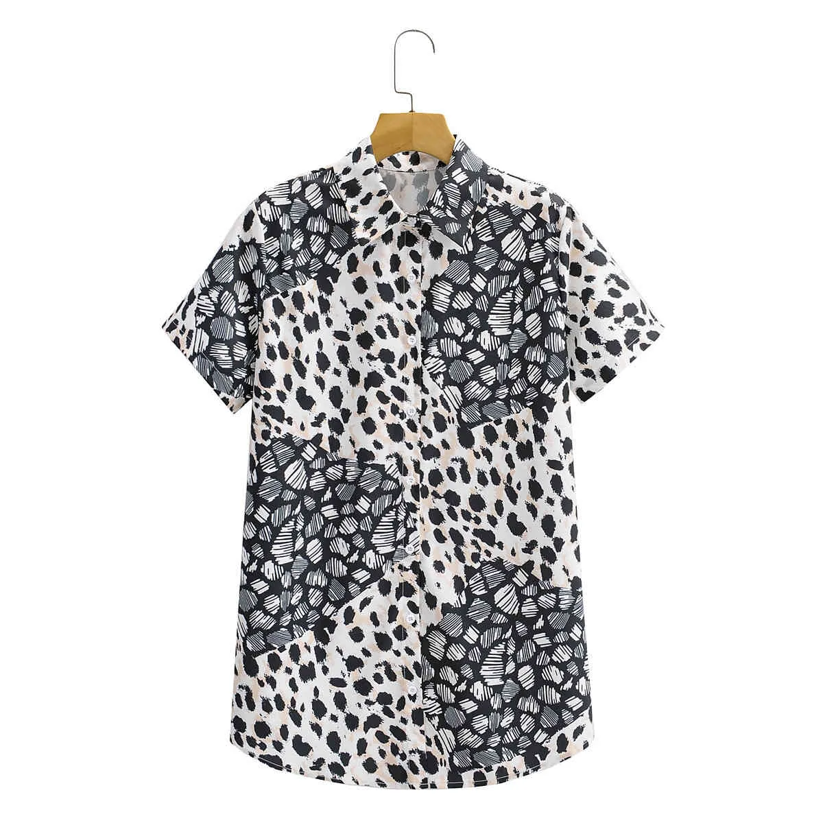 Vintage Sexy Lapel Short Sleeve Women Shirt Fashion Leopard Print Loose Casual Chic Female Tops 210507