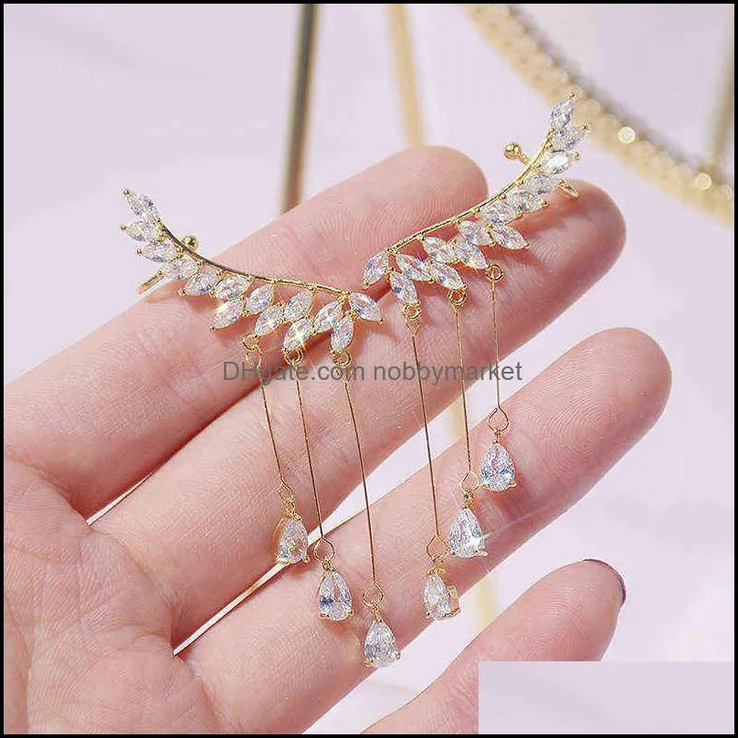 Korean Trendy Bling Zirconia Wing Tassel Earring for Women Aaa Transparent Zircon Temperament Shining Stud Pendant Gift