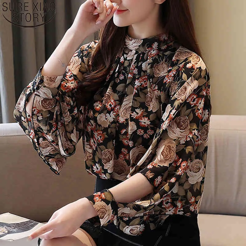 Elegant Fashion Long Shirt Tops Vintage Blouse Women Floral Print Blouses Stand Collar Bat Sleeve Female Blusa 8281 210417