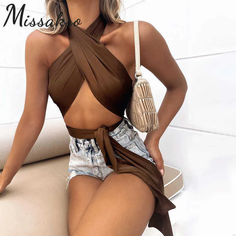 Missakso Sexy Hollow Out Band Crop Crop Top Club Verão Preto Casual Mulheres Skinny Backless Halter Sem mangas Tanques 210625