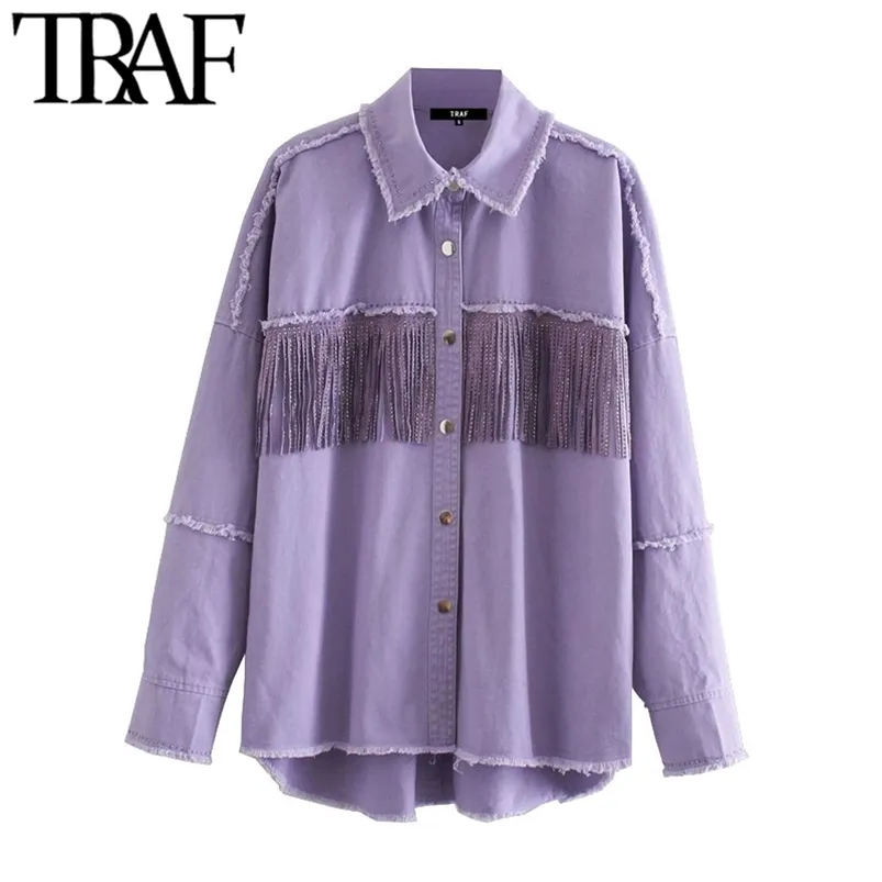 Femmes Mode Avec Goujons Fringe Lâche Denim Veste Manteau Vintage À Manches Longues Effiloché Femelle Survêtement Chic Tops 210507