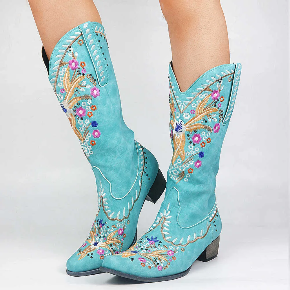 Sarairis Mode Gemengde Kleur Knie-Hoge Goede Kwaliteit Damesschoenen Plus Size 43 Embroider Western Boots Y0914