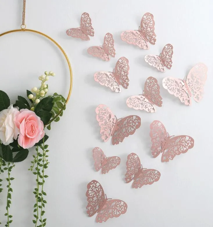 12 stks / set Rose Gold 3D Hollow Butterfly Muursticker voor Home Decor Butterflies Stickers Kamer Decoratie voor Party Wedding Decor SL33