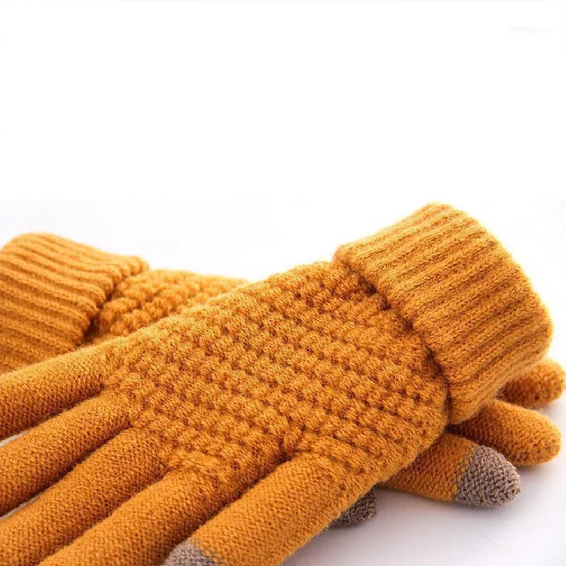 Höst vinter faux cashmere foder stickade handskar tjockna varm pekskärm full finger vantar kvinnor utomhus fem handskar1