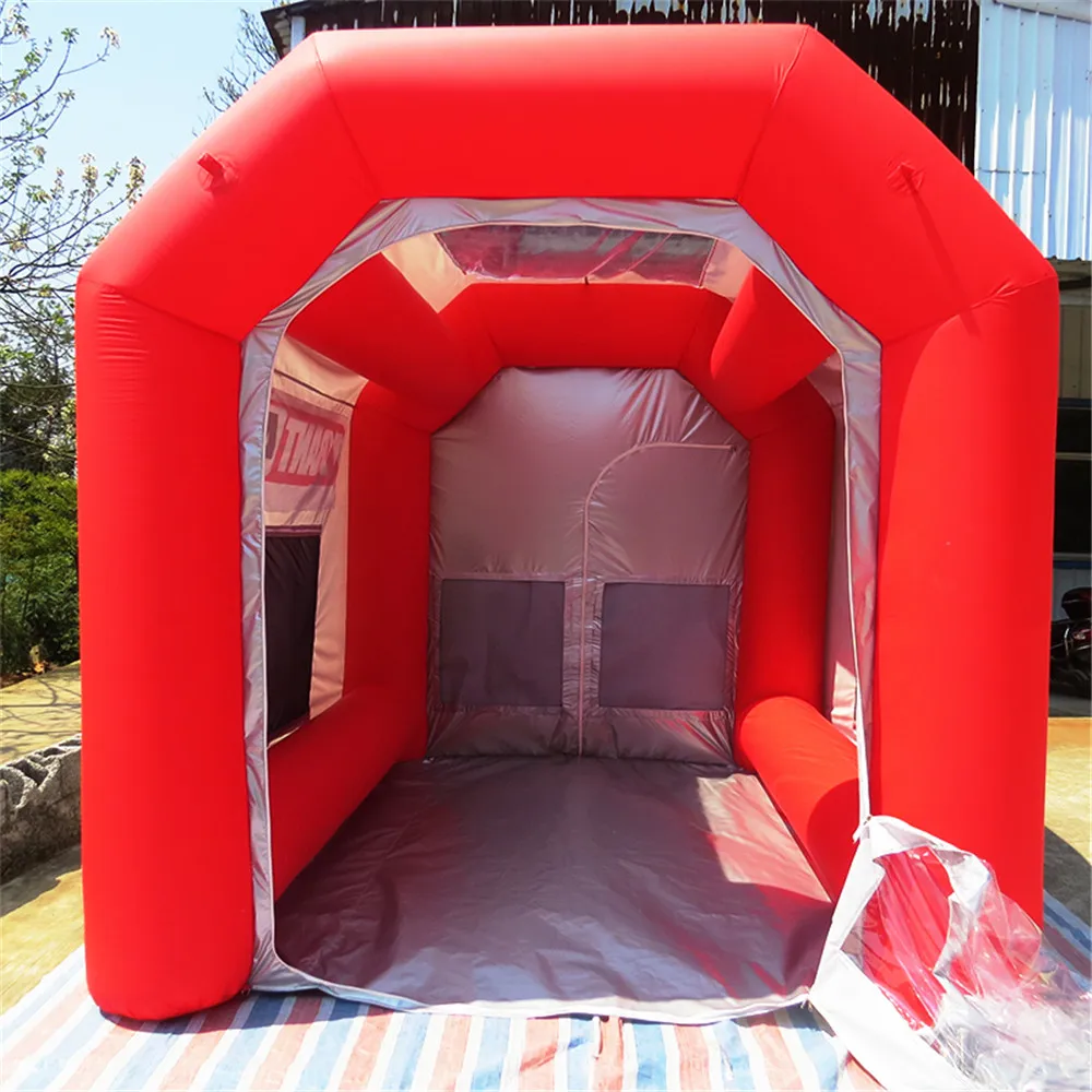 Mini cabine de pulvérisation en tissu Oxford 4,5x3x3m, tente de peinture gonflable, station de travail de réparation de moto rouge argent, salle portable avec tapis pour extérieur ou intérieur