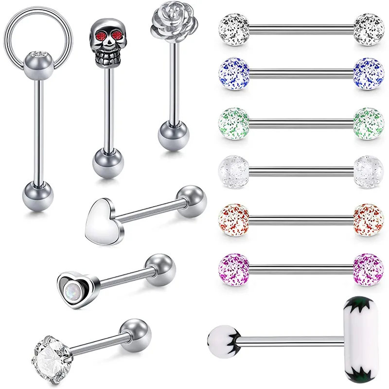 Stainless Steel 14G Straight Tongue Barbell Rings Body Piercing Jewelry for Men Women