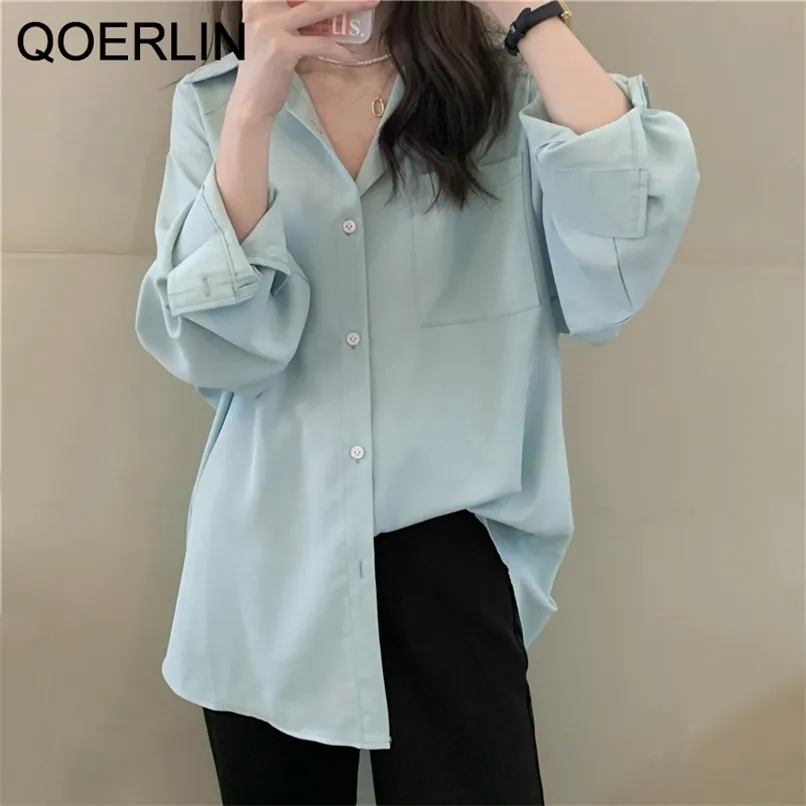 Long Solid Shirt Women Casual Pink Sleeve Pocket Button Up Collared Top Clothes Fashion Yellow Tops Blouse 210601