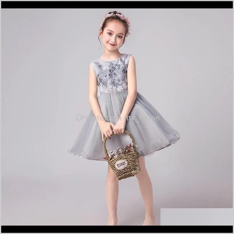 big girls ball gown dress hollow sleeveless wedding dress beaded appliqued bow zipper solid mesh lace elegant girls performance tutu