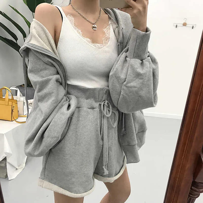 Women Autumn Cotton Tracksuits 2 Two Pieces Set Outfits Hooded Zipper Puff Sleeve Long Sweatshirts with Wide Leg Short Pants Y0625