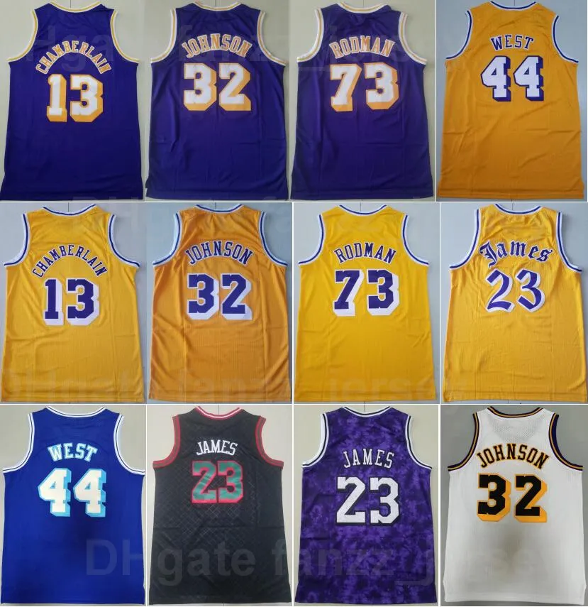 Retro basketbanning Johnson Vintage Jersey 32 LeBron James 23 Jerry West 44 Dennis Rodman 73 Wilt Chamberlain 13 Yellow Purple White Black Beige Sport