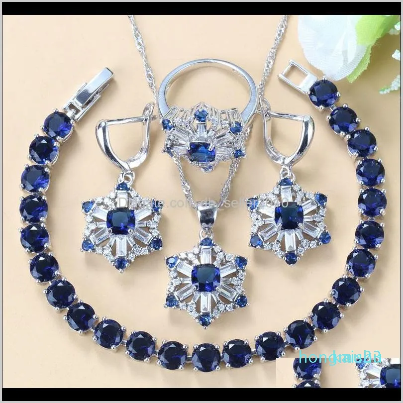 Orecchini Collana Consegna a goccia 2021 Esclusivo Zircone Blu Zircone Bridal Sier 925 Costume R Flower Jewelry Set per donna penzolare