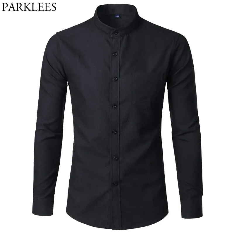 Men's Oxford Slim Fit Dress Shirt Brand Mandarin Collar Long Sleeve Chemise Homme Casual Buisness Office Shirt With Pocket Black 210708