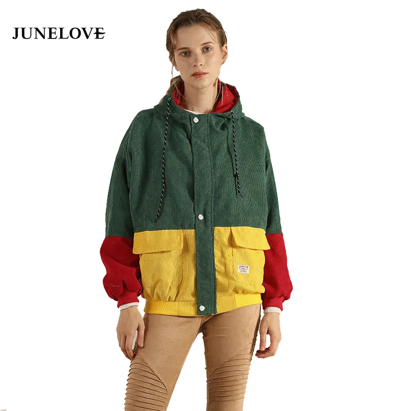 Womens Colorblock lange mouw trekkoord capuchon jas casual losse