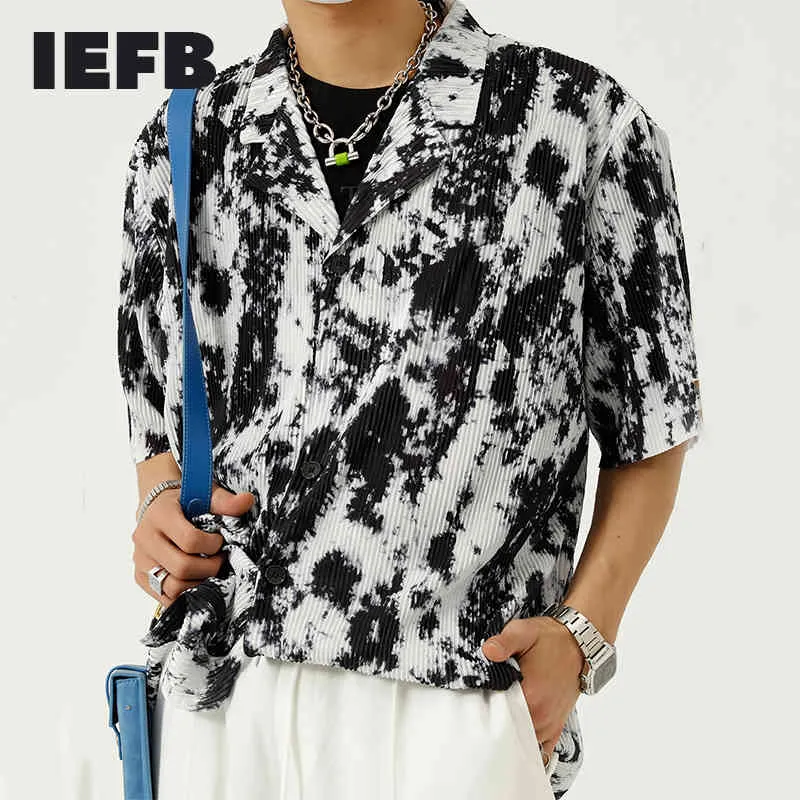 IEFB Men's Clothing Summer Trend Korean Trend Ins Loose Vintage Pattern Short Sleeve Shirts Notched Collar Tops 9Y7449 210524