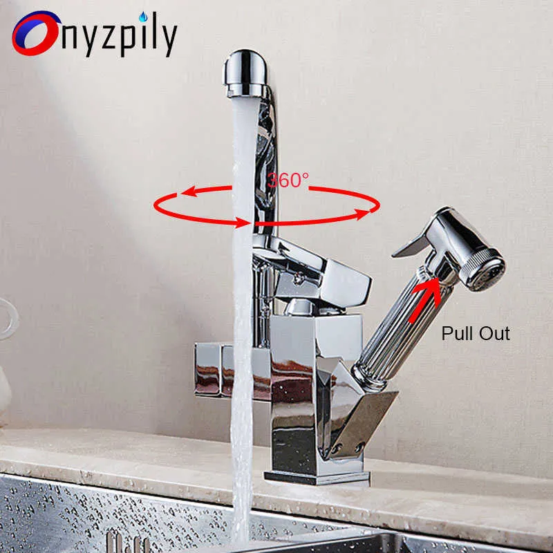 Onyzpily Kitchen Faucet Chrome Led Pull Out Kitchen Tap &Cold Mixer Tap 2 Waterway 360 Swivel Deck Mounted torneira de cozinh 210724
