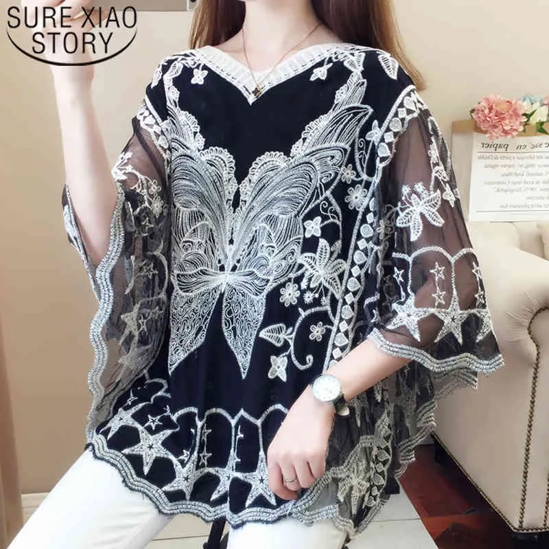 Moda Sonbahar Bluzlar Üç Çeyrek Batwing Kollu V Yaka Rahat Giyim Dantel Kadınlar Tops 5463 50 210415