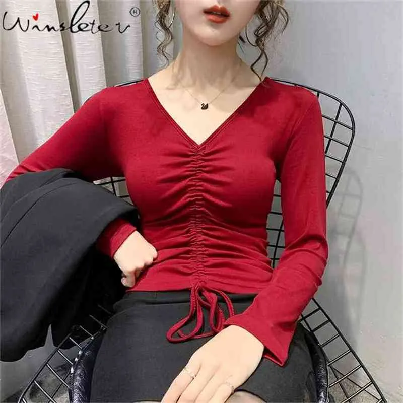 Spring Fall Korean Style Solid T-Shirt Girl Chic Sexy V-Neck Lace Up Women Tops Bottoming Shirt Slim Cotton Tees T11009A 210421