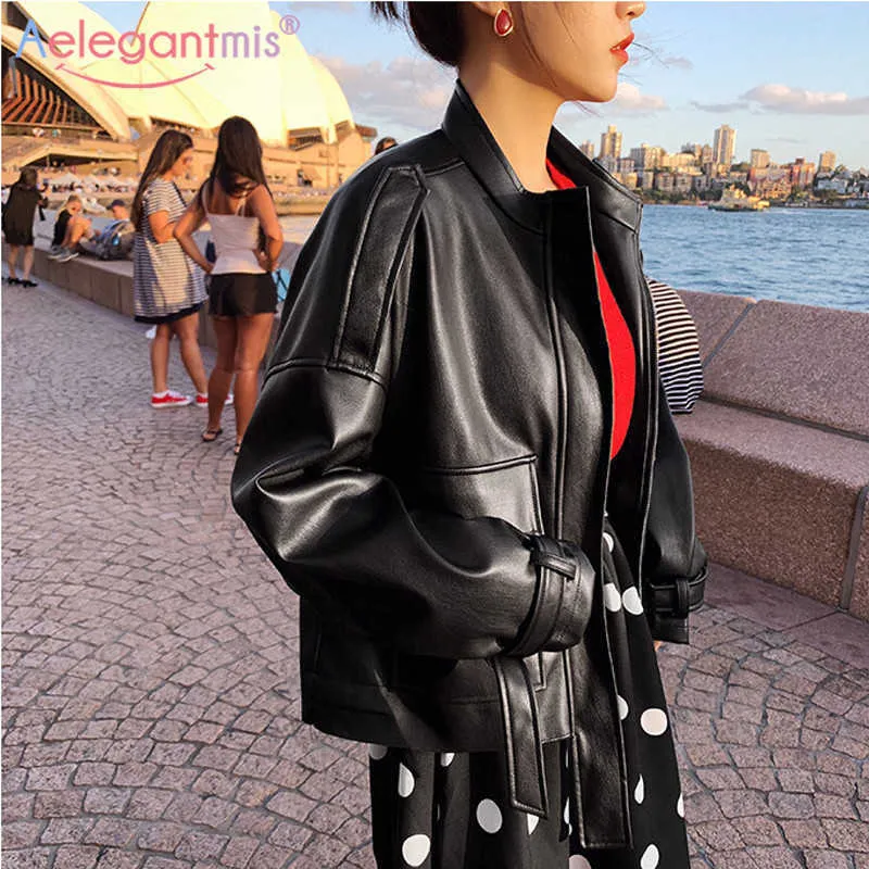 Aelegantmis Chic Black Loose Pu Faux Leather Jacket Women Soft Moto Biker Ladies Street Casual Outwear Basic Coat 210607