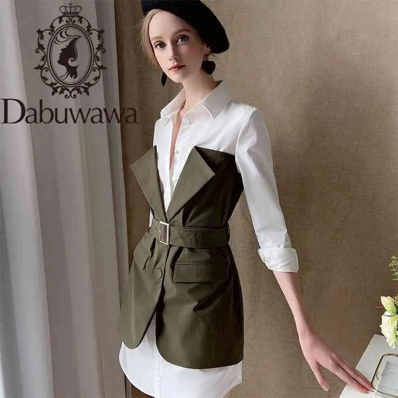 Dabuwawa Patchwork Robe Femme Automne Col Rabattu À Manches Longues Ceintures Poche Vêtements De Travail Robes Bureau Dame DT1CDR010 210520