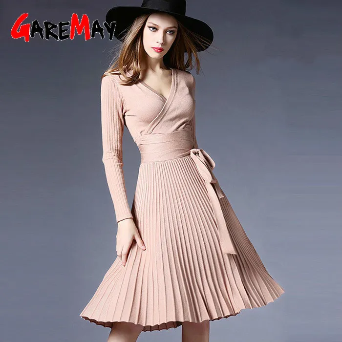 Sexy V-neck Women Knitted Dress Autumn Winter es Elegant Casual Solid Midi Party Long Sleeve Sweater for Female 210428