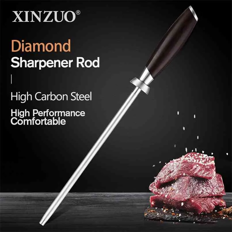 XINZUO Diamond Sharpener Rod Kitchen Knife Accessories High Carbon Stainless Steel Comfortable Nature Ebony Wood 210615