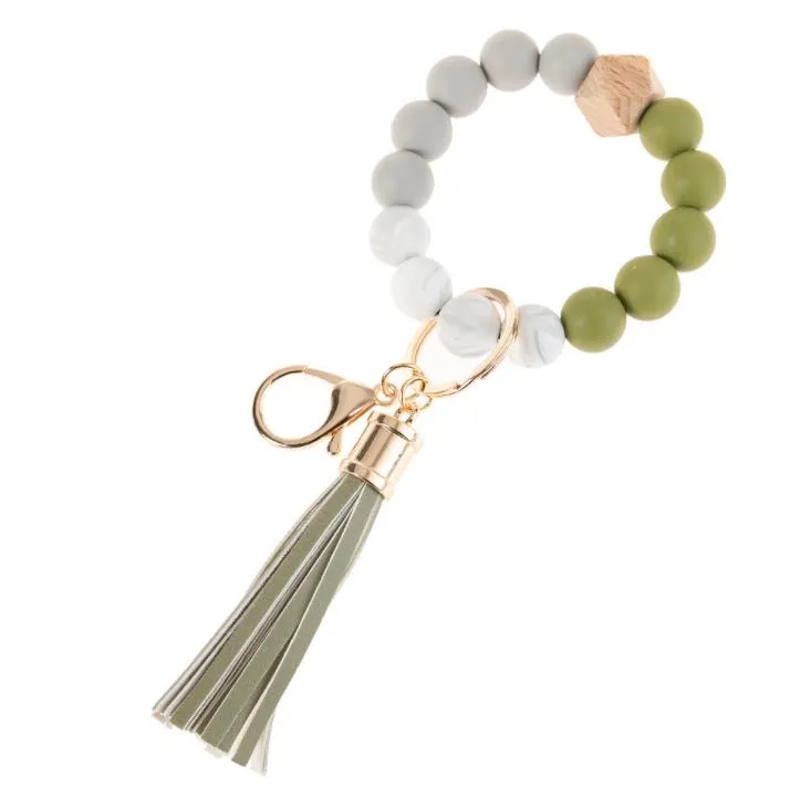 Silicone Beaded Bangle Keychain with Tassel for Women Party Favor, Wristlet Key Ring Bracelet SN3027