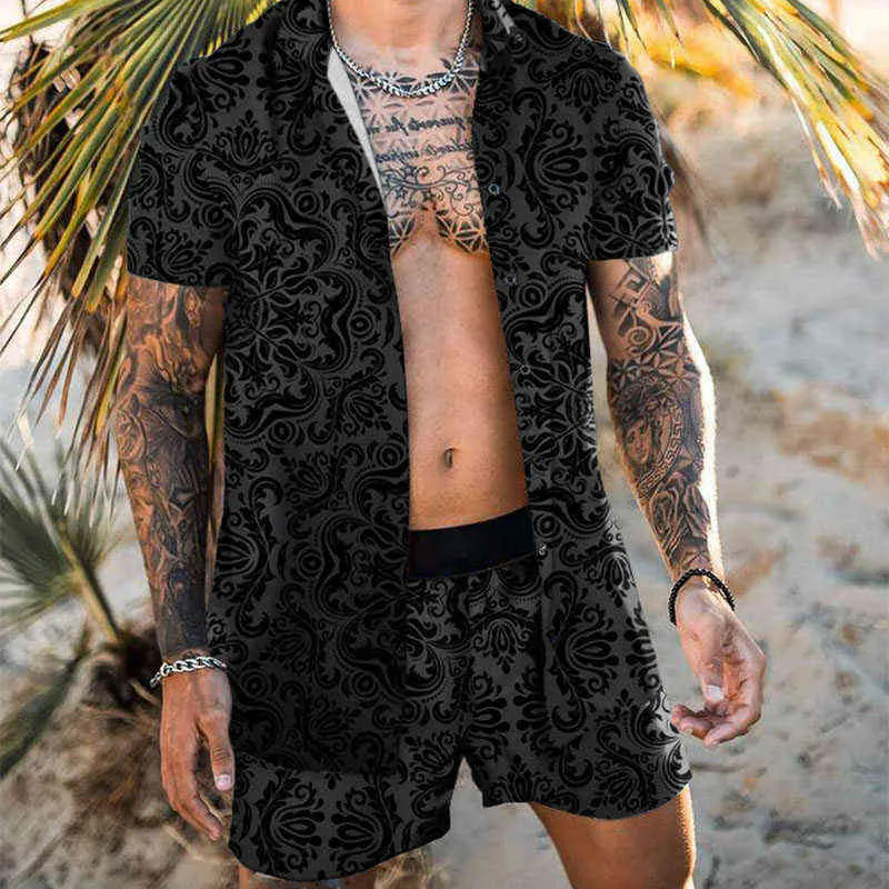Sommar män print sets hawaiian kortärmad casual tröjor andningsbara shorts semester strand män passar 2 stycken streetwear s-3xl g220224
