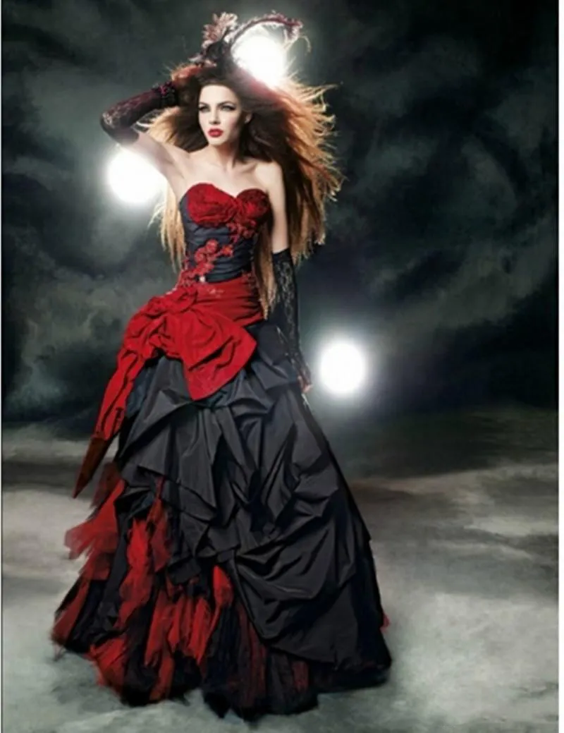 Rote und schwarze Gothic-Hochzeitskleider 2022 Schatzschleife Spitze drapierter Taft Vintage Brautkleider Vestido de Noiva Custom