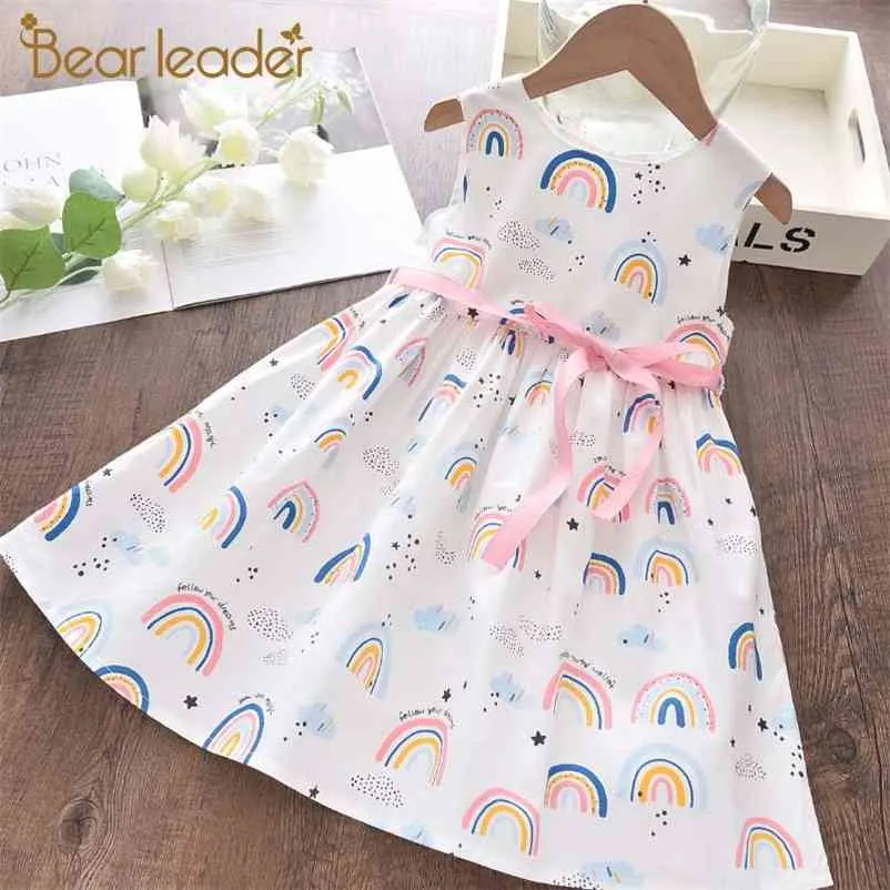 Flickor Cartoon Rainbow Pattern Dresses Sommar Kids Casual Princess Kostymer Barn Sashes Bowtie Vestidos 3-8Y 210429