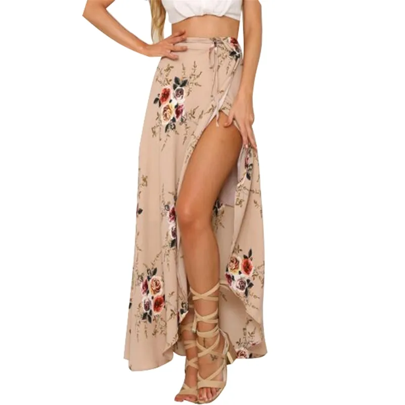 Women White Irregular Long Skirt Summer Boho Vintage Floral Print Side Slit Wrap Maxi Skirt Girl Waist Skirts female 210518