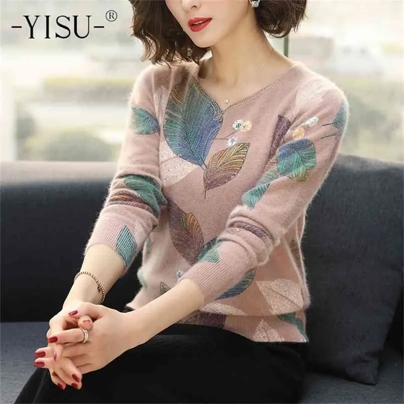 Yisu Camisola Mulheres Outono Inverno Folha Folha Impresso Sweater Manga Longa Solta Pullover Malha Suéteres 210914