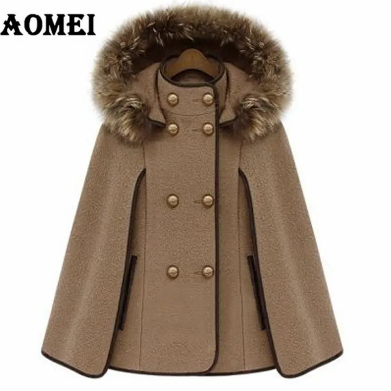 Casaco de Cashmere Cashmere Winter Outono Lã de Relógio Quente Com Removível Cole Chapéu Botão Duplo Feminino Outerwear Manteau 210416