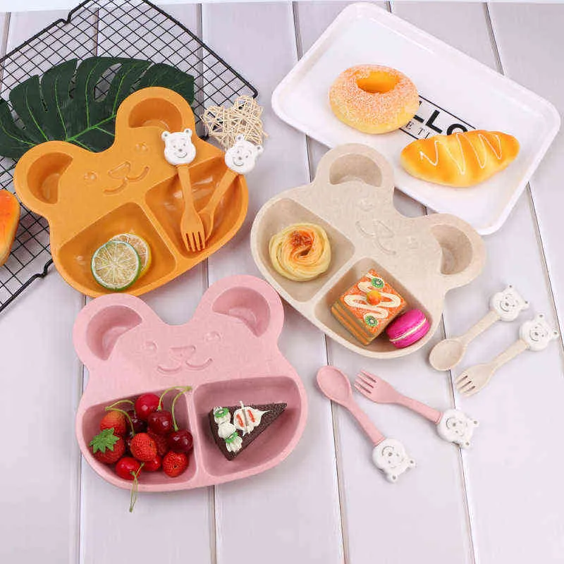 3Pcs/Set Baby Feeding Food Tableware Solid Toddle Cartoon Beer Dishes Kids Wheat Plates Dinner Bowl Children Training Dinnerware G1221