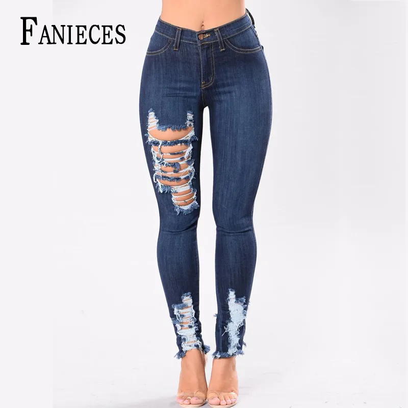 Trou Femmes Sexy Détruit Déchiré Maille Denim Jeans Taille Haute Stretch Crayon Pantalon Mince Casual 210520