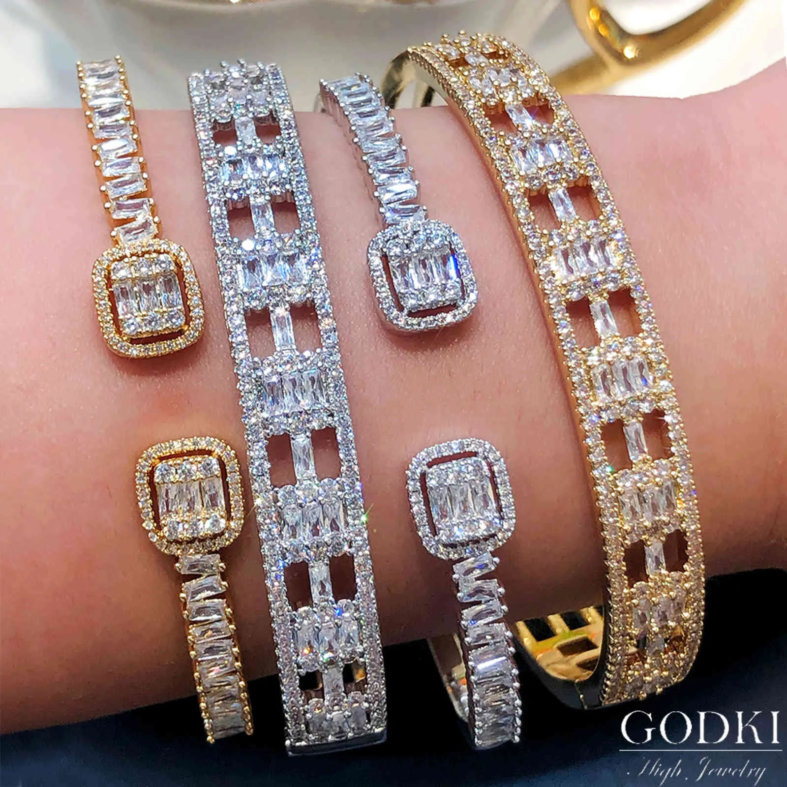 Godki Trendy Luxus Stapelbar Armreif Manschette Für Frauen Hochzeit Full Cubic Zirkon Crystal CZ Dubai Armband Party Schmuck 2020