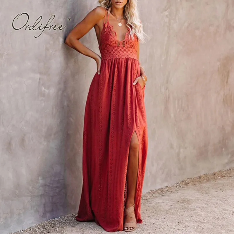 Summer Women Maxi Spaghetti Strap Sexy Split Koronki Długa Tunika Plażowa Dress 210415