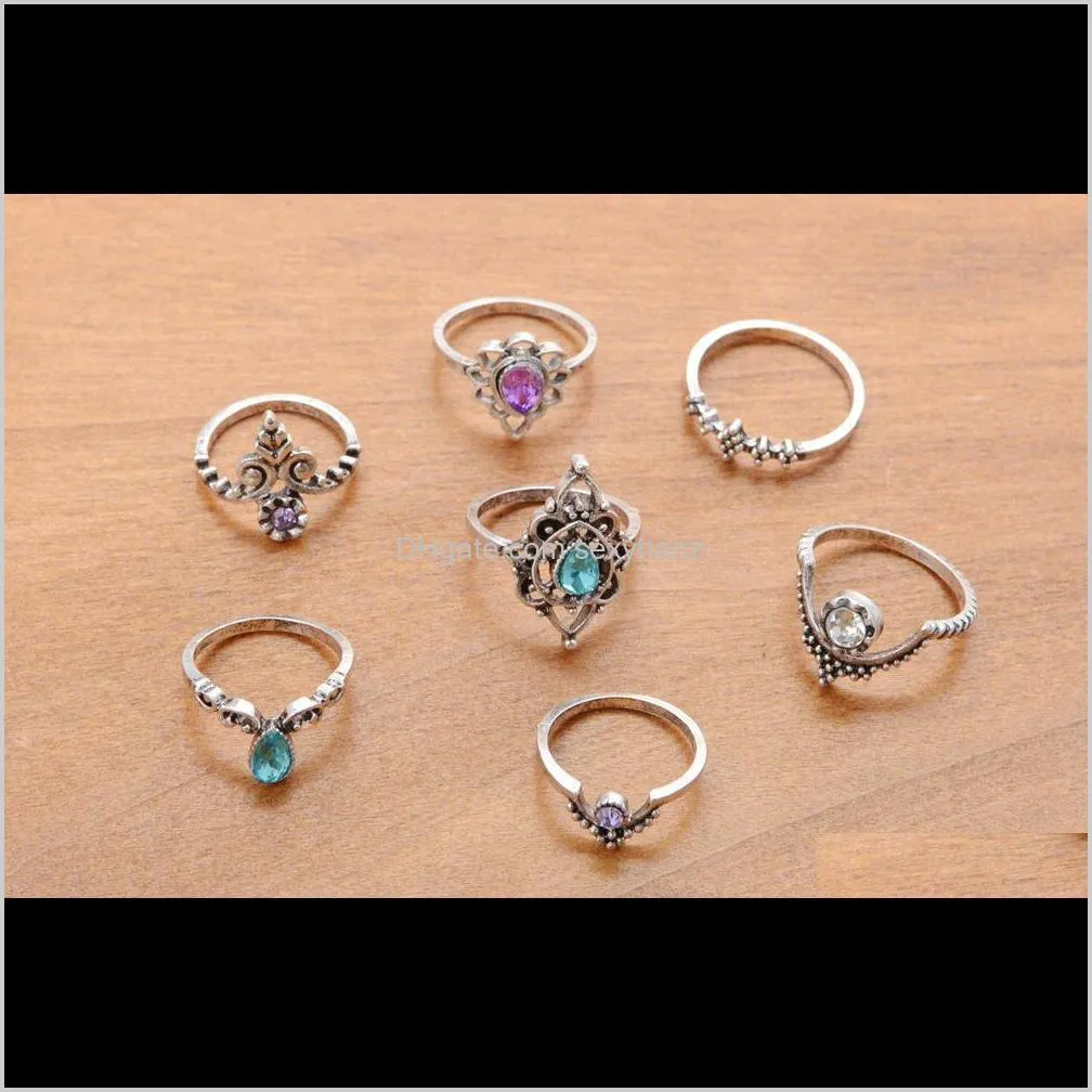 fashion jewelry punk hot european and american-style exaggerated personality carving statues stone gem lotus 7pcs ring set