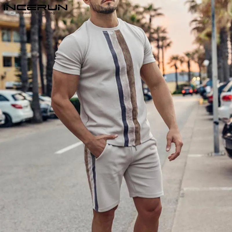 Men's Tracksuits Fashion Striped Men Sets Streetwear O Neck Short Sleeve T Shirt Drawstring Shorts 2021 Workout Cozy Casual Suits INCERUN 5X