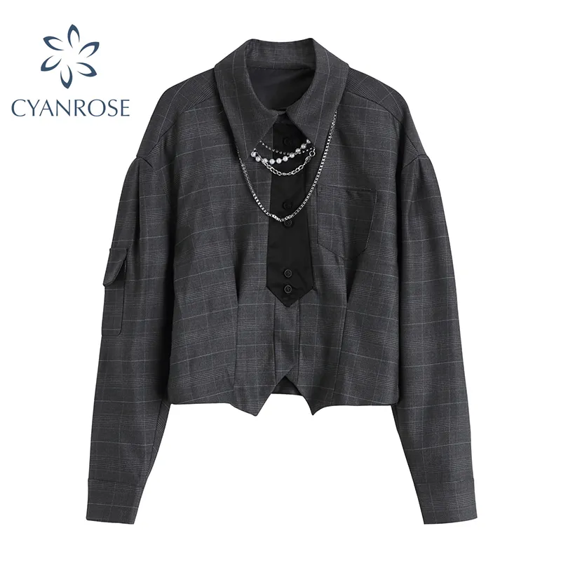 Women Gothic Dark Plaid Blouses With Tie Chain Spring Goth Punk Cardigan Shirts Female Streetwear Loose Retro Blusas Tops 210417